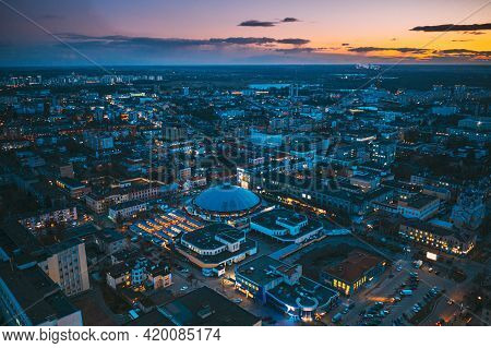 Brest, Belarus. Aerial Birds-eye View Of Brest Cityscape Skyline. Birds-eye View Of Brest Market In 