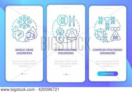 Types Of Genetic Disorders Navy Onboarding Mobile App Page Screen With Concepts. Medical Care Walkth