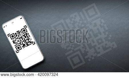 Qr Code Payment. Digital Mobile Smart Phone With Qr Code Scanner On Smartphone Screen For Payment Pa