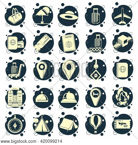 Traveling And Transport Icon Set With Hotel, Compass, Maps, Reception Call, Plane Ticket, Boarding P