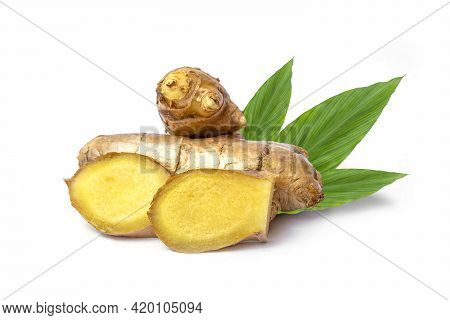 Fresh Ginger Rhizome And Sliced Ginger Rhizome With Split Green Leaves On White Background.