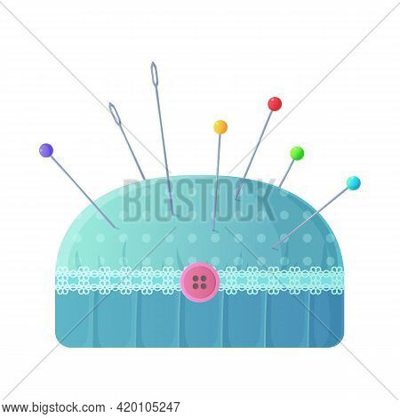 Cute Polka Dot Blue Pincushion With Neddles And Pins Clipart. Sewing Or Tailoring Kit, Handmade Clot