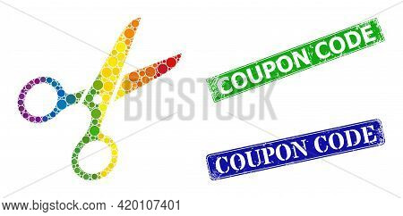 Rainbow Colorful Gradiented Circle Collage Scissors, And Coupon Code Textured Framed Rectangle Seals