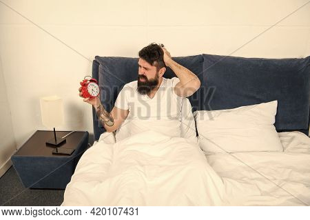 Body Clock. Sleepy Hipster Wakeup With Alarm Clock. Bearded Man Check Time On Retro Clock. Clock Is 