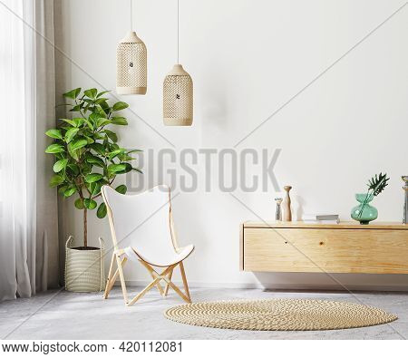 Living Room Interior Background With White Armchair And Wooden Furniture, Scandi Boho Style, Empty W