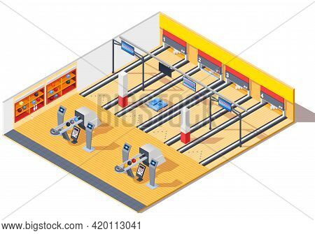 Bowling Club Isometric Interior Design With Gaming Tracks, Return System, Shelves With Pins And Ball