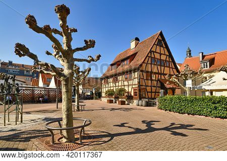 Hofheim, Germany - March 2021: Town Square Called 'tivertonplatz' In Old Historic City Center Of Hof