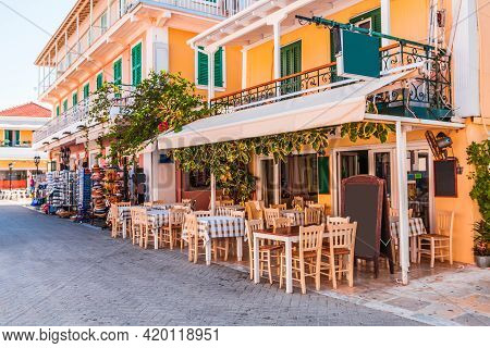Lefkada, Greece. Greek Taverna In Lefkada City Old Town.