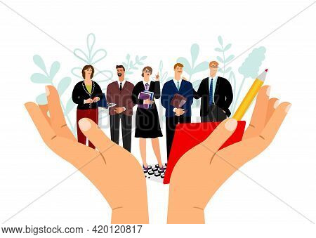 Labor Protection. Trade Union And Employee Protect Concept. Office People Group In Abstract Hands Ve