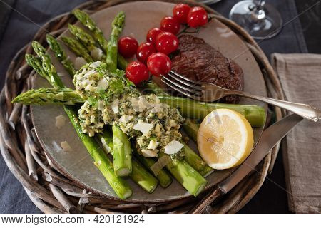 Fried Green Asparagus With Gribiche Sauce. Healthy And Tasty Food. Lifestyle Background For Gastrono