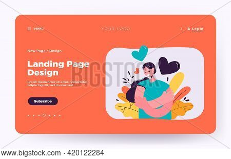 Happy Woman Self Hugging Flat Vector Illustration. Cartoon Positive Girl In Blue Shirt Holding Or Em