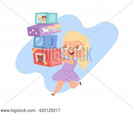Girl With Toys. Happy Cartoon Baby And Boxes, Birthday Gifts Or Kid Store Shopping. Little Princess 