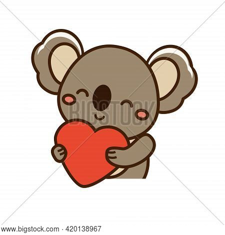 Cute Happy Koala Hold Heart. Cartoon Kawaii Animal Character. Vector Illustration Clip Art. Love Con