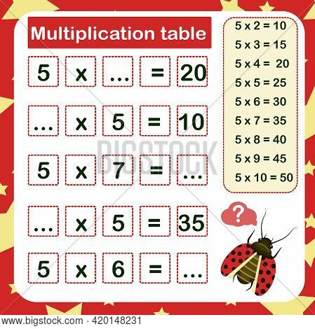 Vector Illustration Of The Multiplication Table By 5 With A Task To Consolidate The Knowledge Of Mul
