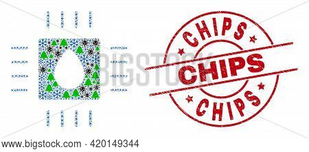 Winter Covid-2019 Collage Liquid Processor, And Rubber Chips Red Round Stamp Imitation. Collage Liqu