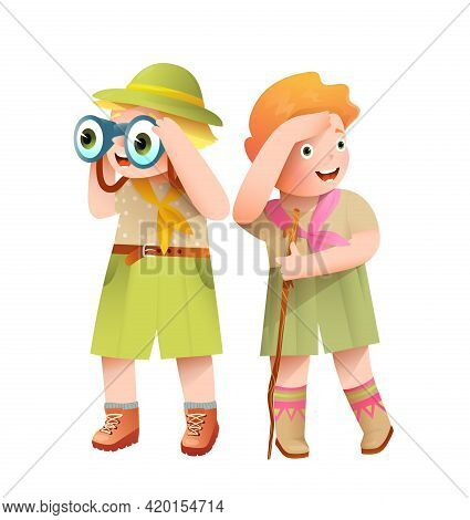 Boy Scout And Girl Scout Characters Illustration For Kids. Boy Scout Looking Excited Through Binocul