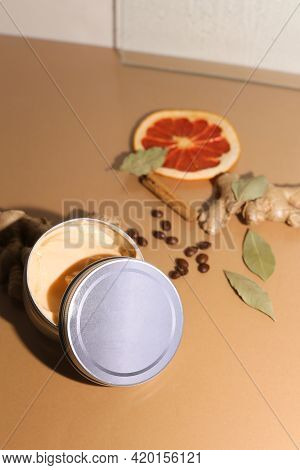 Cosmetic Jar Of Marigold Soothing Body Care Cream, Fresh Orange Calendula Flowers