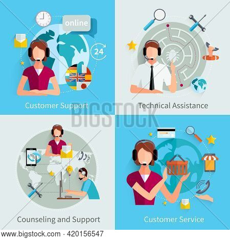Customer Support International Service 4 Flat Icons Square Composition With Counseling And Technical