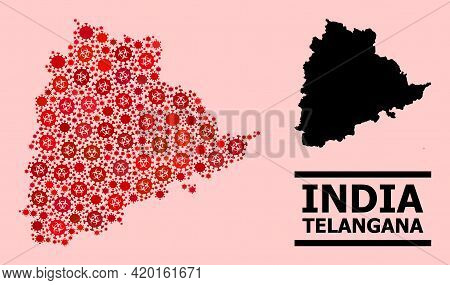 Vector Covid Mosaic Map Of Telangana State Designed For Hospital Wallpapers. Red Mosaic Map Of Telan