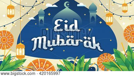 Eid Mubarak Greeting Card Illustration. Vector Illustration Of Fasting Month Ramadan. Eid Mubarak Is