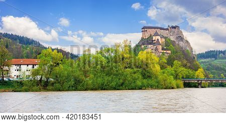 Oravsky Podzamok, Slovakia - May 01, 2019: Oravsky Castle On The Hill Near The River. Popular Travel