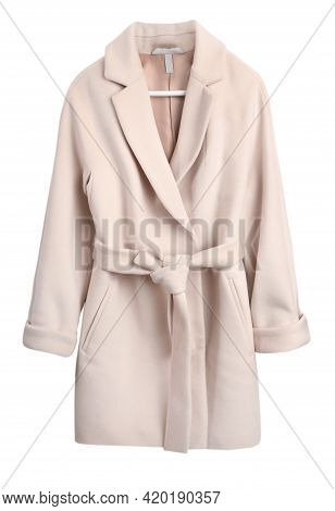 Cashmere Women's Coat Isolated On White. Pink Beige Woolen Jacket With Belt.