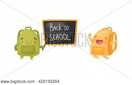 Cartoon Schoolbags Or School Rucksack Jumping With Joy And Standing Near Blackboard With Pointer Vec