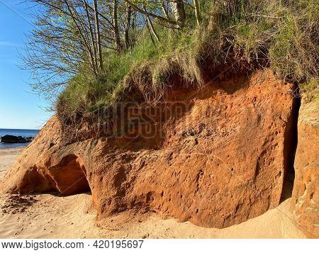 Orange Sandstone Rock Cliff By The Sea On Which Grows Green Grass And Trees.