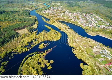 Aerial View Of River Floodplan And Green Forest In Summer Day. Bird Eye View Of Beautiful Nature Lan