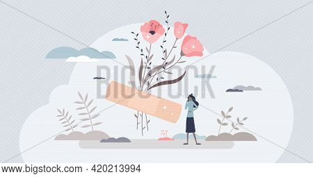 Emotional Cure And Psychological Feeling Treatment Help Tiny Person Concept. Relationship Problem Or