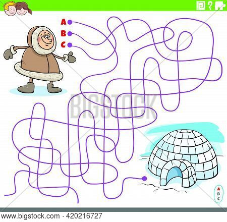Cartoon Illustration Of Lines Maze Puzzle Game With Eskimo Character And Igloo