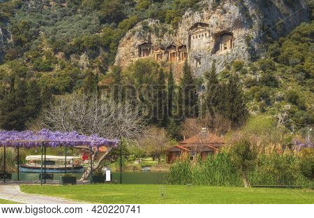 Lycian Tombs On The Embankment Of The Dalyan River. Mugla Province Turkey