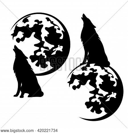 Howling Wolf Sitting On Full Moon Sphere Black And White Vector Silhouette Outline Set