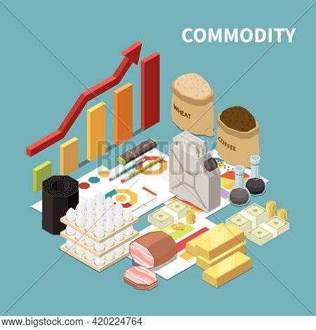 Commodity Isometric Composition With Images Of Manufactured Goods And Infographic Objects Graphs And