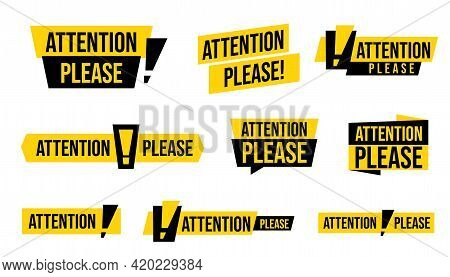 Attention Please Advertising Badge Sticker Set. Important Message, Warning Frame With Exclamation Po