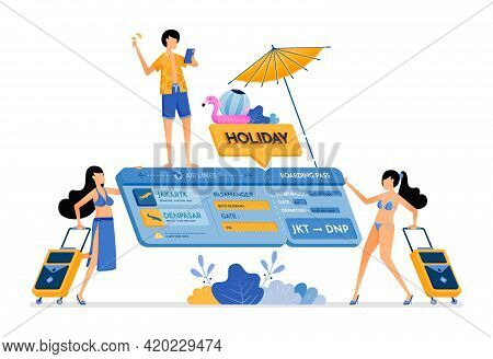 People Choose Flight Tickets For A Vacation To Tropical Island. Isometric 3d Ticket. Creative Holida