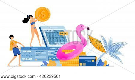 People Save And Prepare Funds For A Vacation To A Tropical Beach In Bali. Credit Card Scheduled Flig