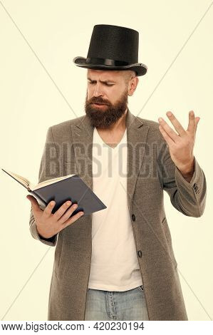 Faced With Senseless Drama. Eloquence And Diction. Bearded Man Read Book. Poetry Reading. Book Prese