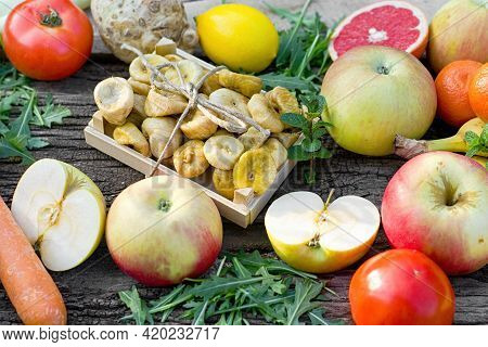 Healthy Eatig, Vegetarian Food, Fresh Organic Fruit And Vegetable On Table