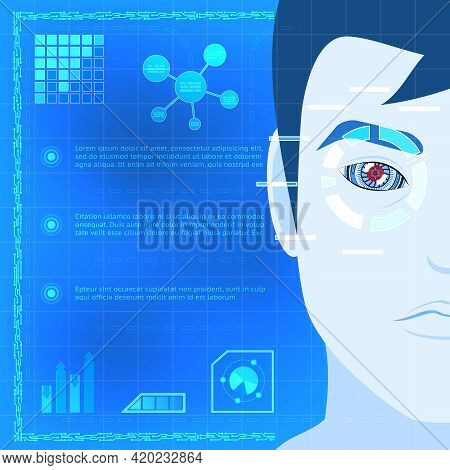 Creative Concept Of Eye Biometrics Scanner Technology Infographic Design With A Cartooned Guy Scanni