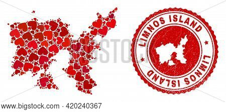 Collage Limnos Island Map Composed With Red Love Hearts, And Scratched Badge. Vector Lovely Round Re