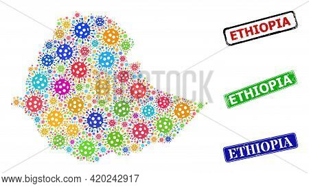 Vector Viral Collage Ethiopia Map, And Grunge Ethiopia Seals. Vector Colored Ethiopia Map Collage, A