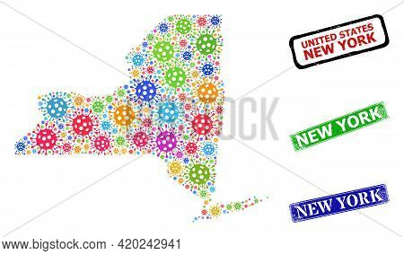 Vector Covid Collage New York State Map, And Grunge New York Seal Stamps. Vector Colored New York St