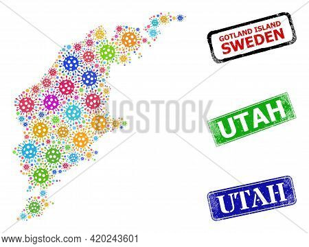 Vector Virus Collage Gotland Island Map, And Grunge Utah Stamps. Vector Colored Gotland Island Map M
