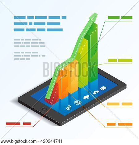 Colorful Ascending 3d Bar Graph On A Tablet Touchscreen Depicting Mobile Online Analytics With A Tex