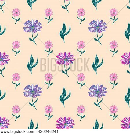 Vector Seamless Pattern With Multi-colored Osteospermum Flowers On A Beige Background