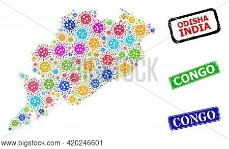 Vector Coronavirus Collage Odisha State Map, And Grunge Congo Seal Stamps. Vector Multi-colored Odis