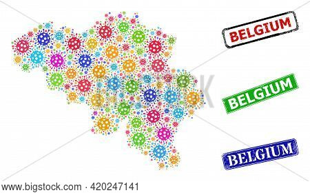 Vector Infection Collage Belgium Map, And Grunge Belgium Seals. Vector Multi-colored Belgium Map Mos