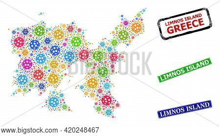 Vector Viral Mosaic Limnos Island Map, And Grunge Limnos Island Seals. Vector Multi-colored Limnos I
