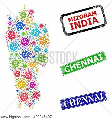 Vector Covid Collage Mizoram State Map, And Grunge Chennai Seal Stamps. Vector Colorful Mizoram Stat